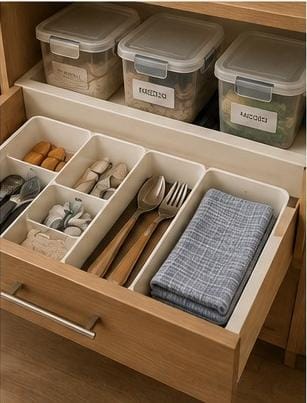Produtos organizadores que ajudam a manter gavetas, armários e ambientes organizados.