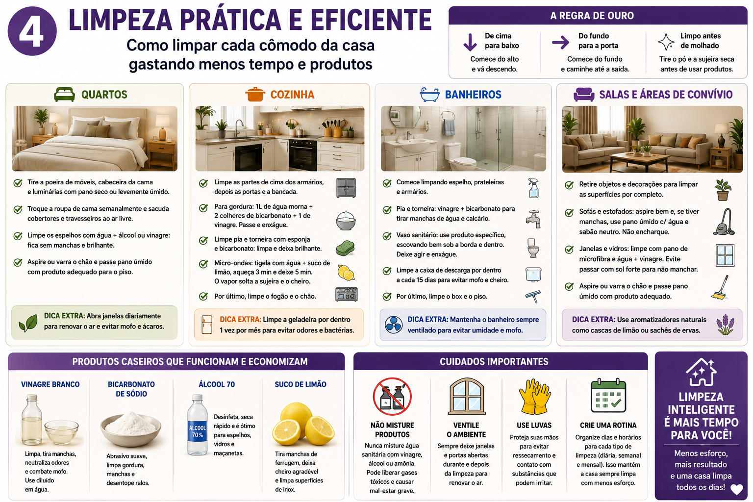 Limpeza prática e eficiente: como limpar cada cômodo da casa gastando menos tempo e produtos