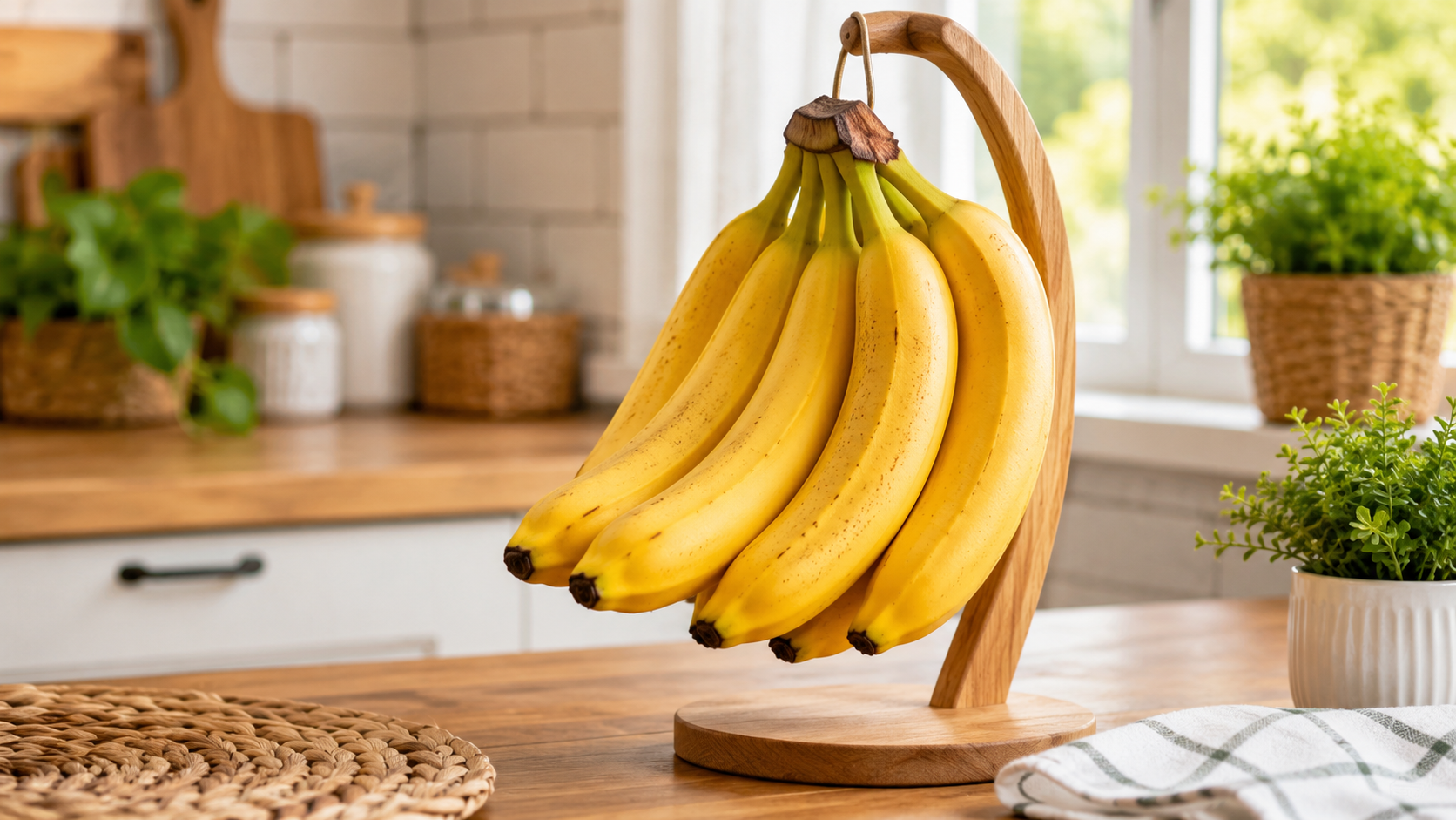 Cacho de bananas frescas armazenado corretamente em cozinha organizada para aumentar a durabilidade da fruta.