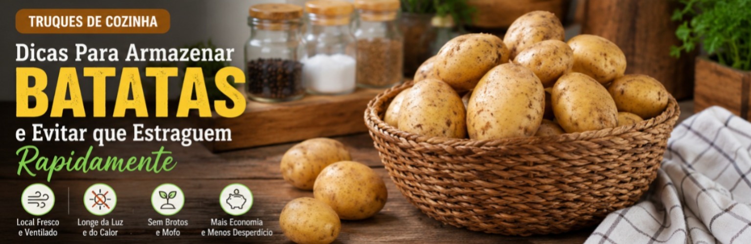 Batatas armazenadas corretamente em cesto ventilado para aumentar a durabilidade e evitar desperdícios na cozinha.