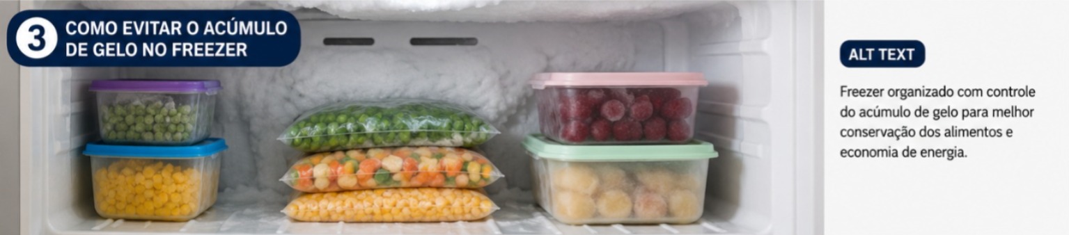 Freezer doméstico organizado com alimentos armazenados corretamente e controle do acúmulo de gelo para melhor conservação e eficiência energética.