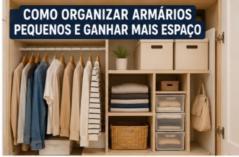 Armário pequeno organizado com divisórias e caixas para otimizar espaço e facilitar o armazenamento de roupas e objetos.