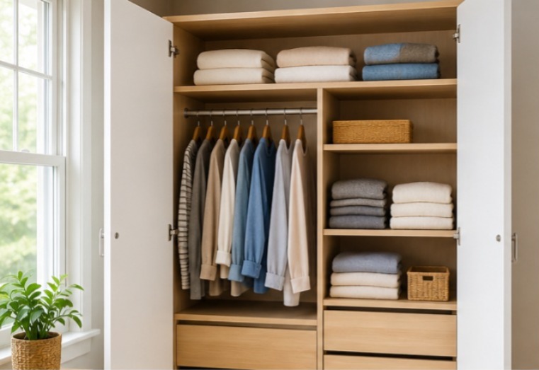 Armário doméstico limpo e organizado com ambiente seco para evitar cheiro de umidade e conservar roupas adequadamente.