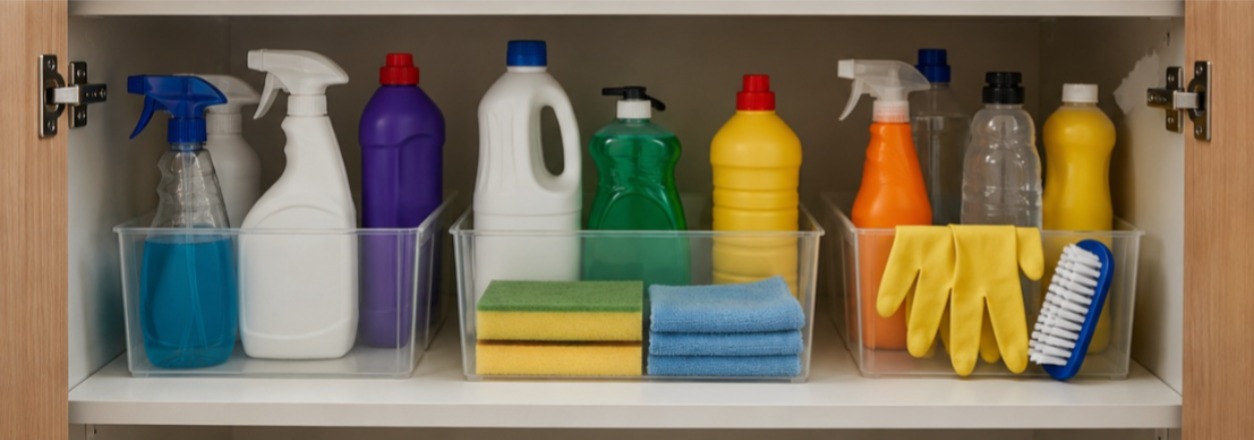 Produtos de limpeza organizados em armário doméstico com armazenamento seguro e identificação adequada das embalagens
