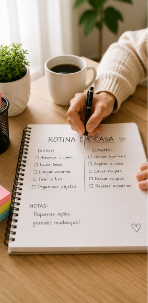 Pessoa organizando tarefas domésticas em uma agenda para criar uma rotina mais organizada e produtiva dentro de casa.