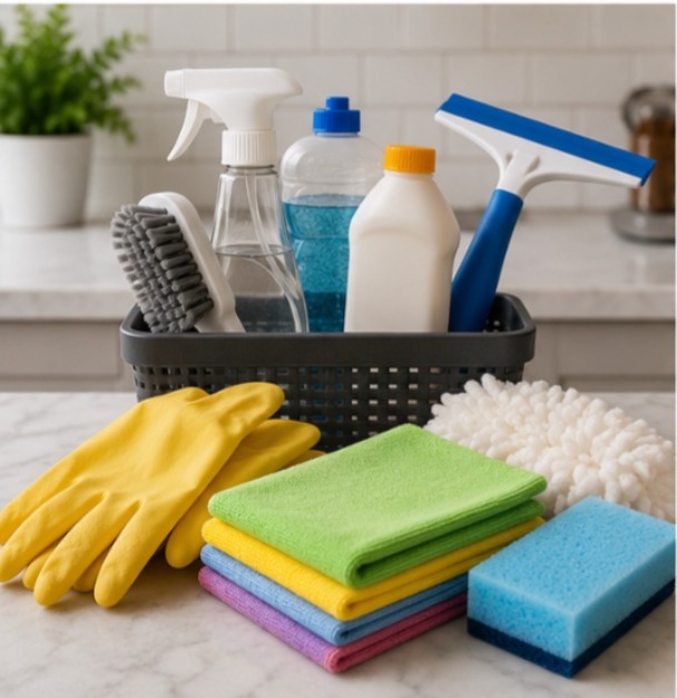 Acessórios de limpeza doméstica organizados para facilitar as tarefas da casa.