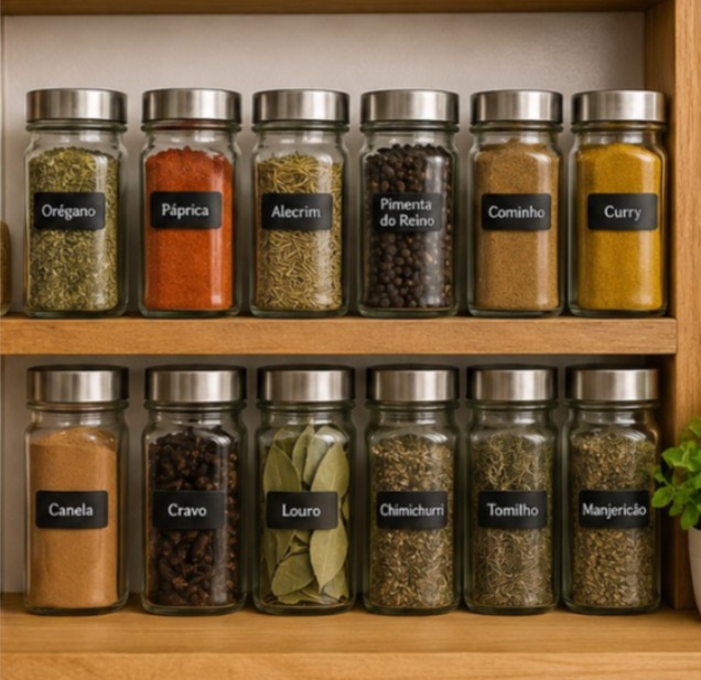 Temperos armazenados em potes organizados para preservar sabor e aroma.