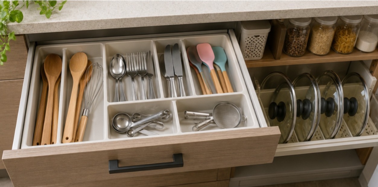 Utensílios de cozinha organizados para otimizar espaço e facilitar a rotina.