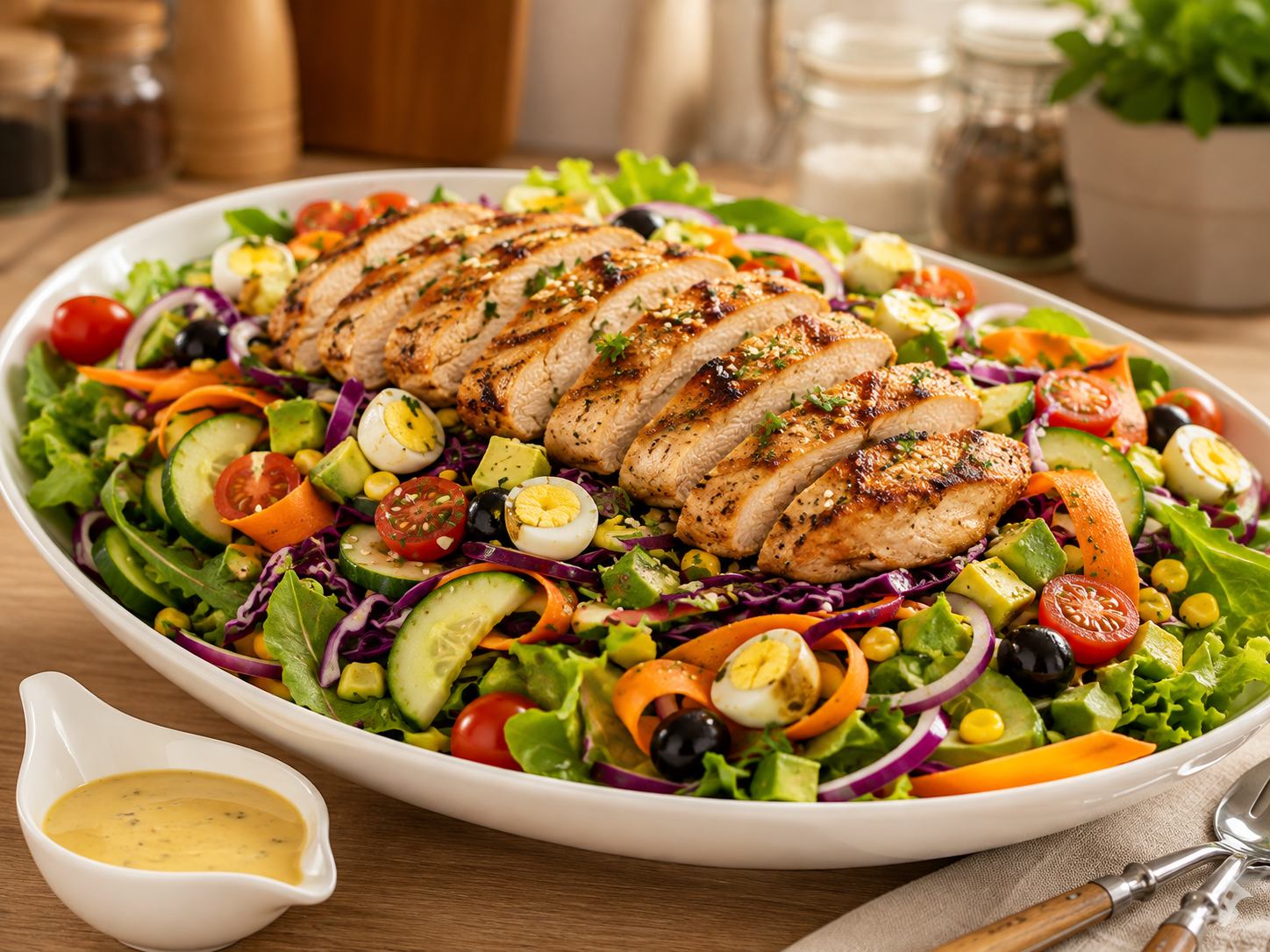 Salada colorida em camadas com frango grelhado