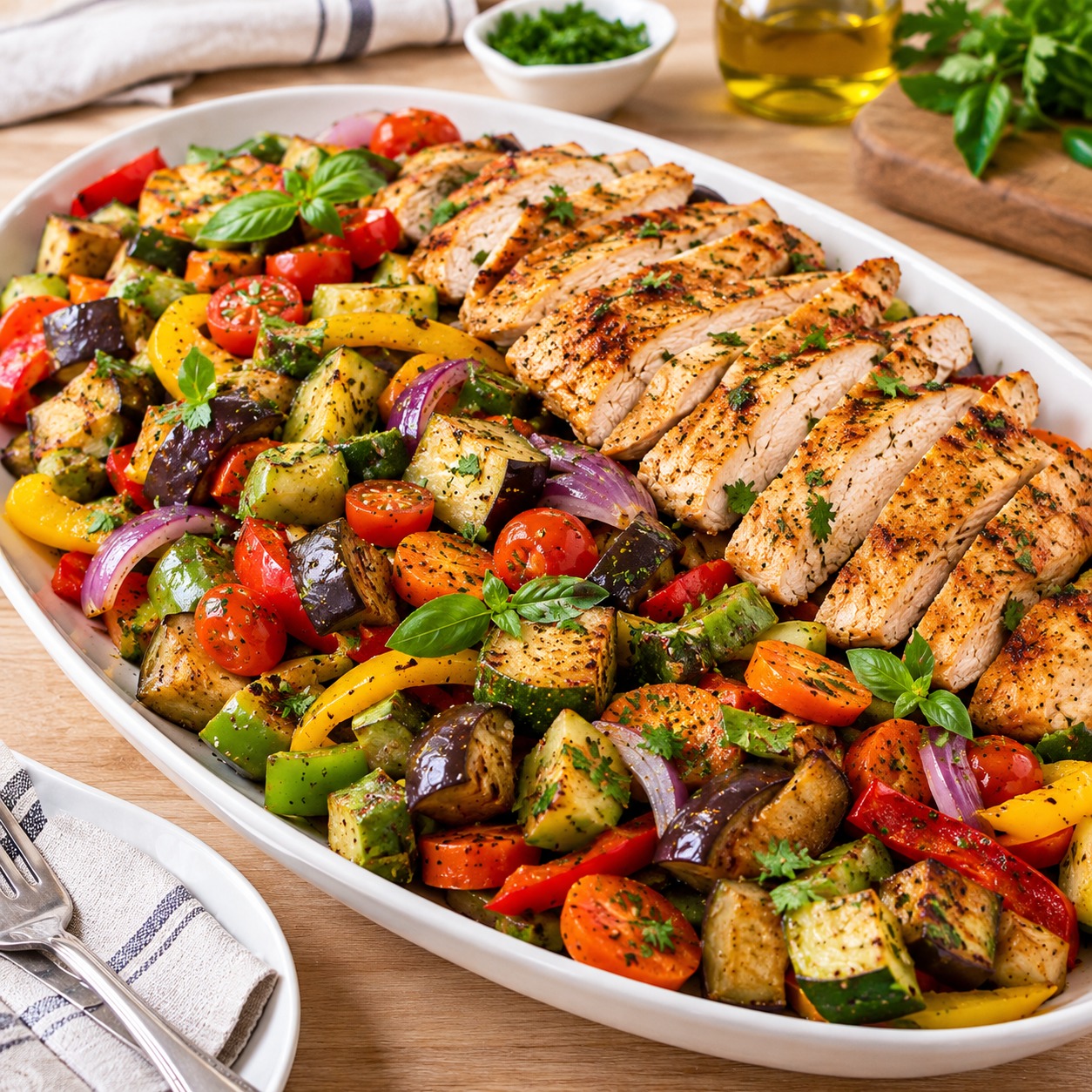 Salada de jiló com legumes e frango grelhado: colorida, sequinha e cheia de sabor caseiro