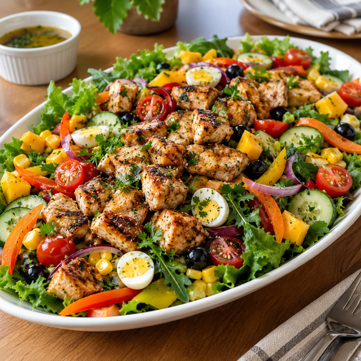 Salada tropical com frango grelhado em cubinhos, linda e com cara de restaurante (que você faz em casa)