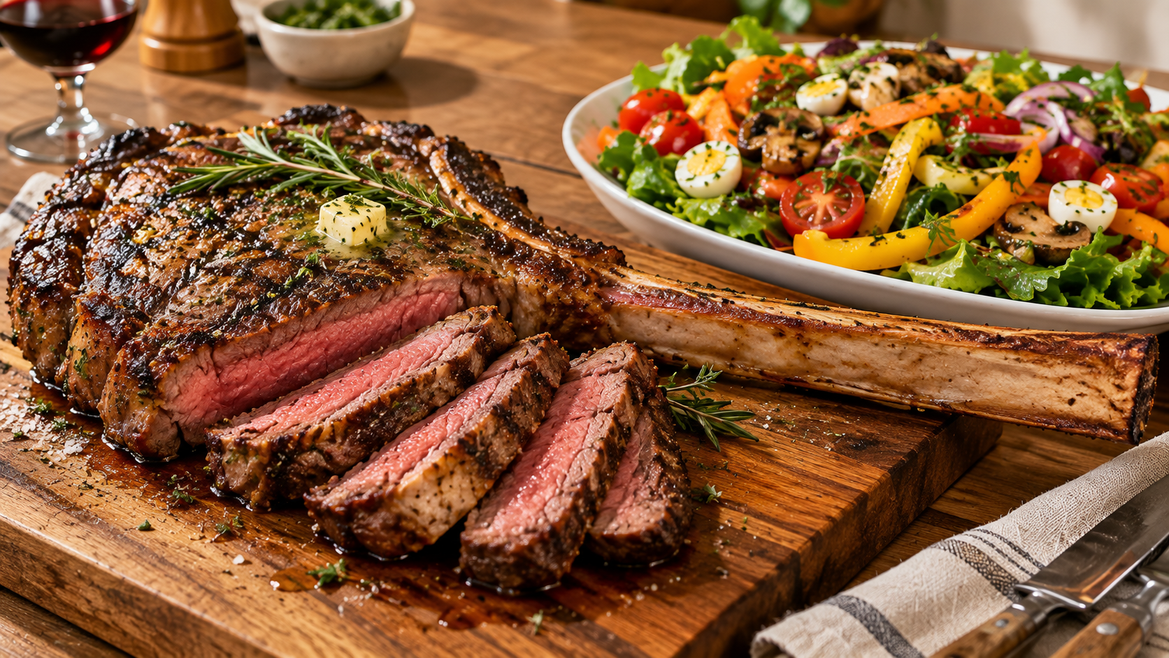 Como fazer bife Tomahawk suculento com salada colorida e bem montada